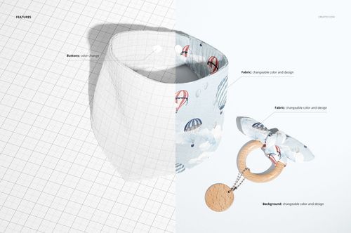 Baby muslin bandana and wooden teether mockup shown in split view, with editable fabric and button details, on a light background.