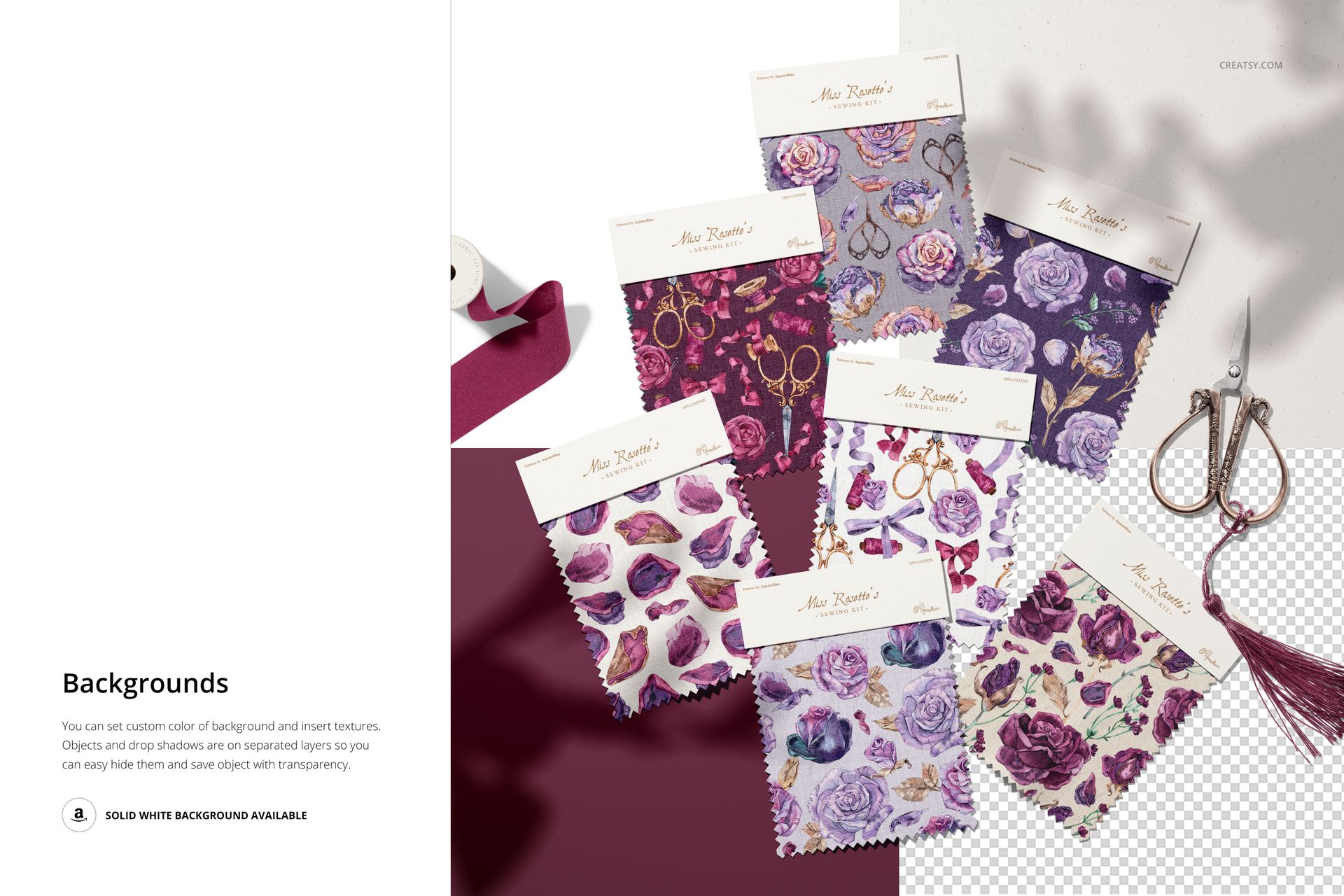 PSD mockup of fabric swatches with various violet and rose patterns, shown from a top view with sewing props nearby.