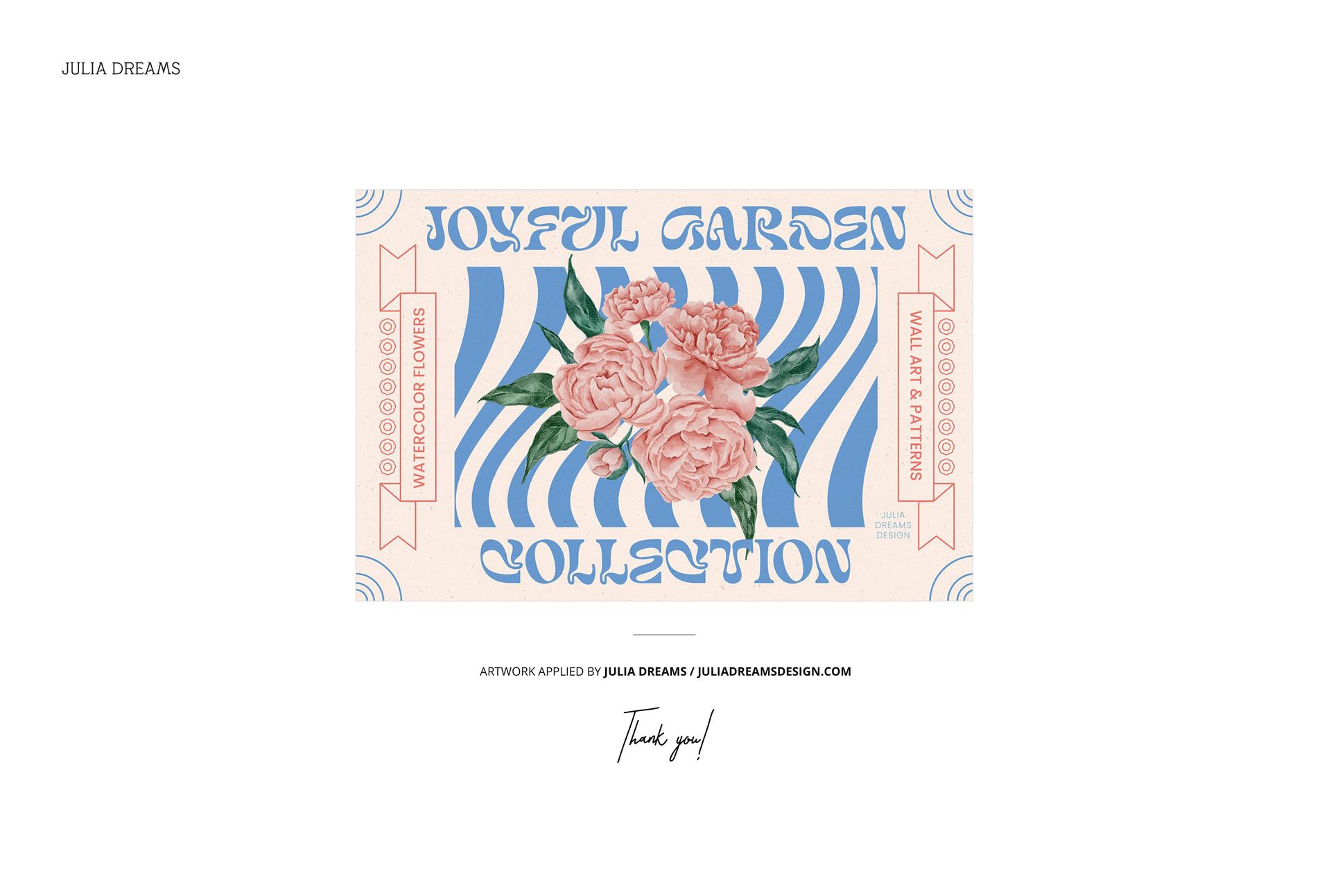 Rectangular decoupage furniture mockup featuring pink flowers and green leaves on a wavy blue and beige background.