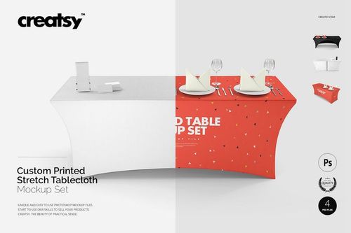 Mockup of stretch tablecloths displayed side by side, featuring a white design and a red patterned design with table settings.
