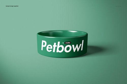Green pet bowl with bold white text on the side, displayed on a matching green background in a front view mockup.