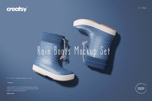 Blue kids rain boots featuring a subtle white pattern, arranged on a blue background in a PSD mockup layout.