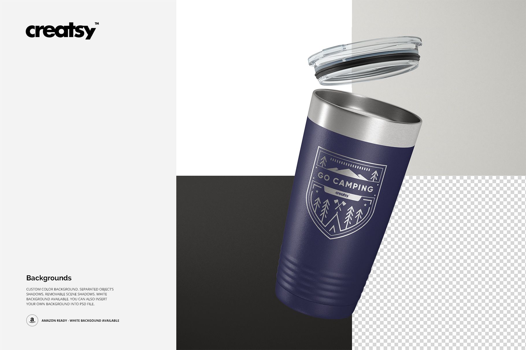20oz stainless steel tumbler in dark blue with camping-themed design, shown at an angle with lid floating above.