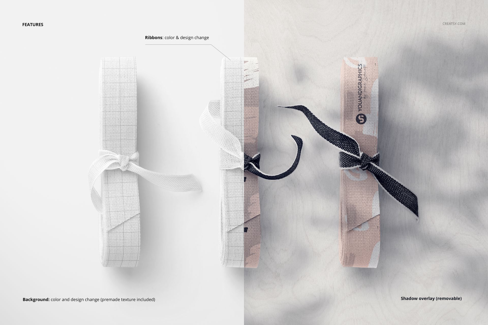 Front view of three cotton ribbons mockup with varied textures and colors, shown on a neutral background.