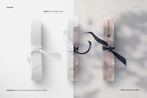 Front view of three cotton ribbons mockup with varied textures and colors, shown on a neutral background.