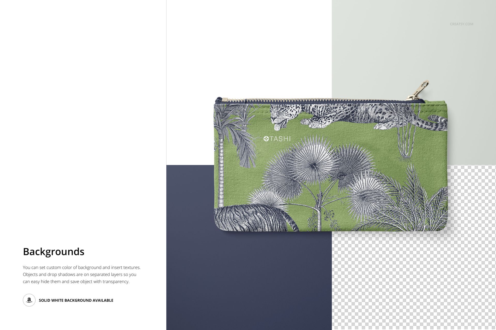 Flat canvas pouch with a green background and botanical pattern, displayed from the front on a multi-color surface.