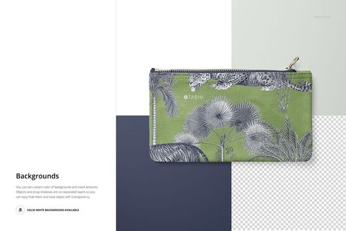 Flat canvas pouch with a green background and botanical pattern, displayed from the front on a multi-color surface.