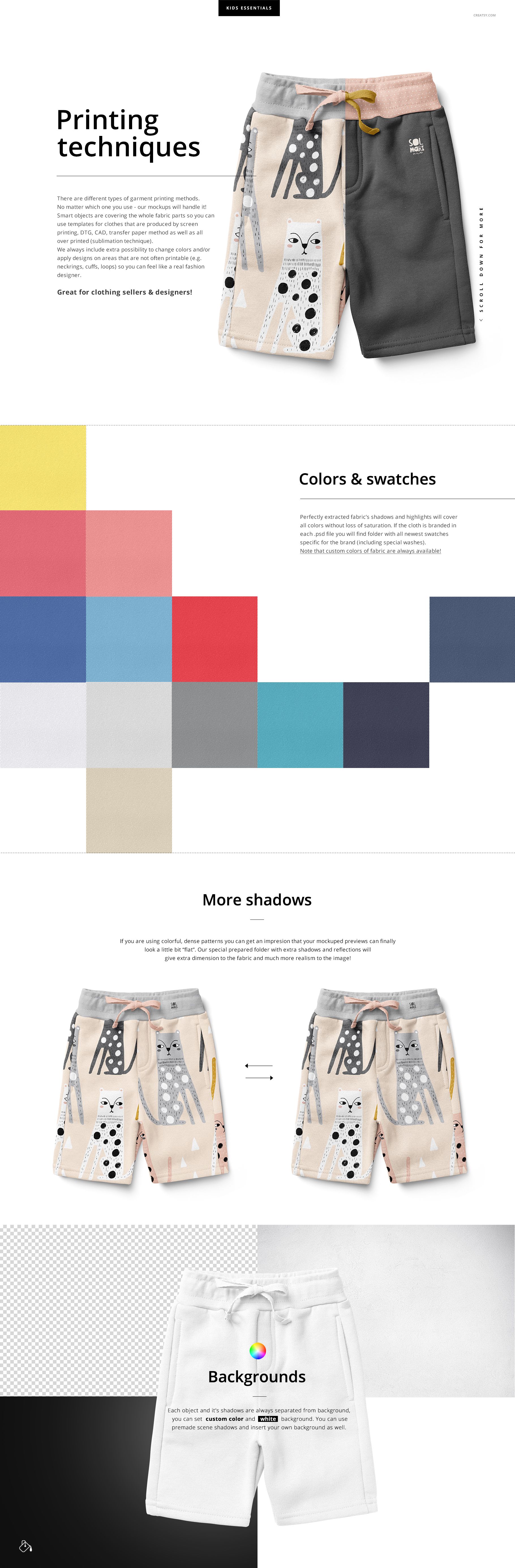 Kids fleece shorts mockup set showing two pairs of shorts with different patterns and colors, front view on a white background.