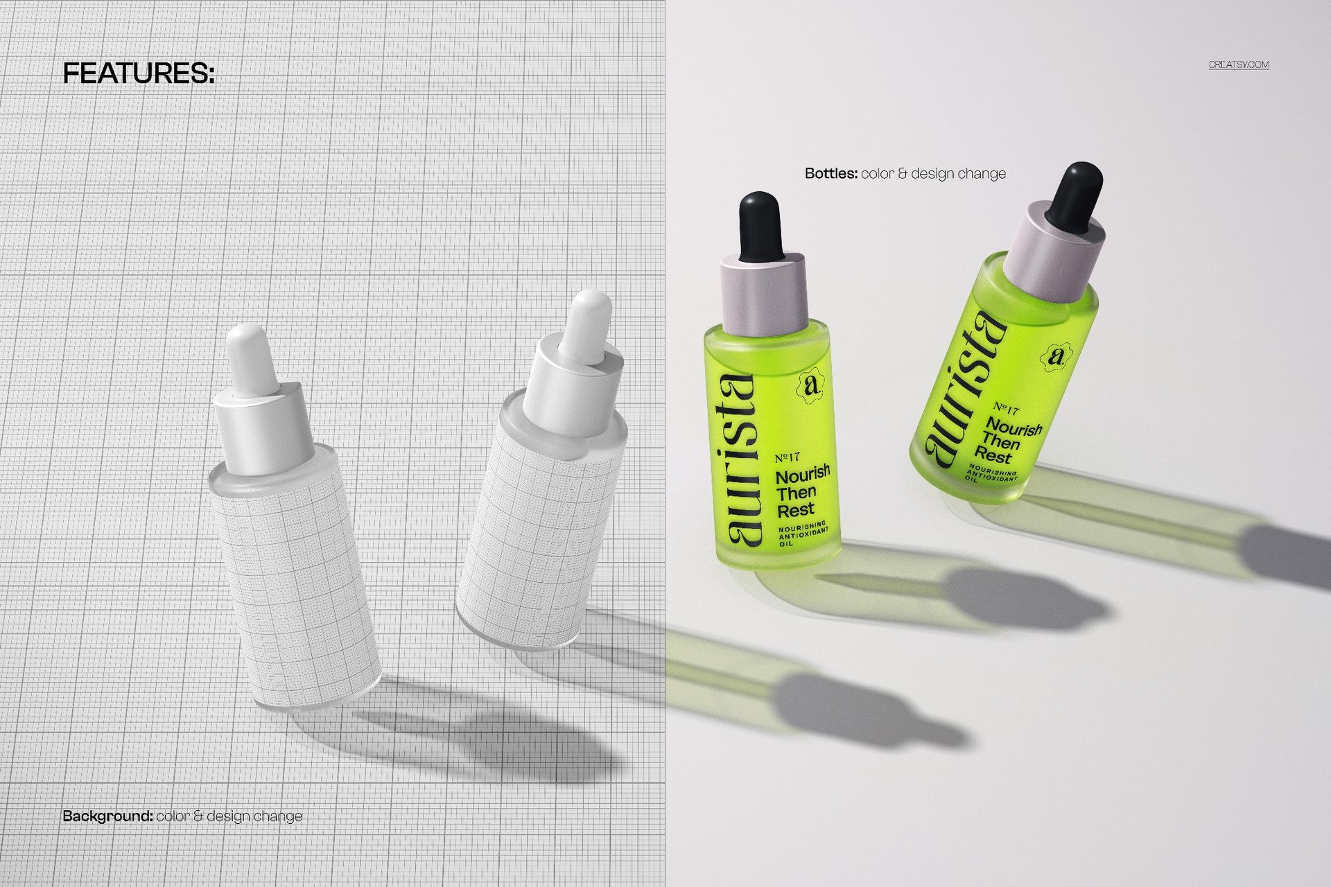 PSD mockup featuring two serum bottles with dropper tops, one with a grid pattern and one with a bright green label in sunlight.