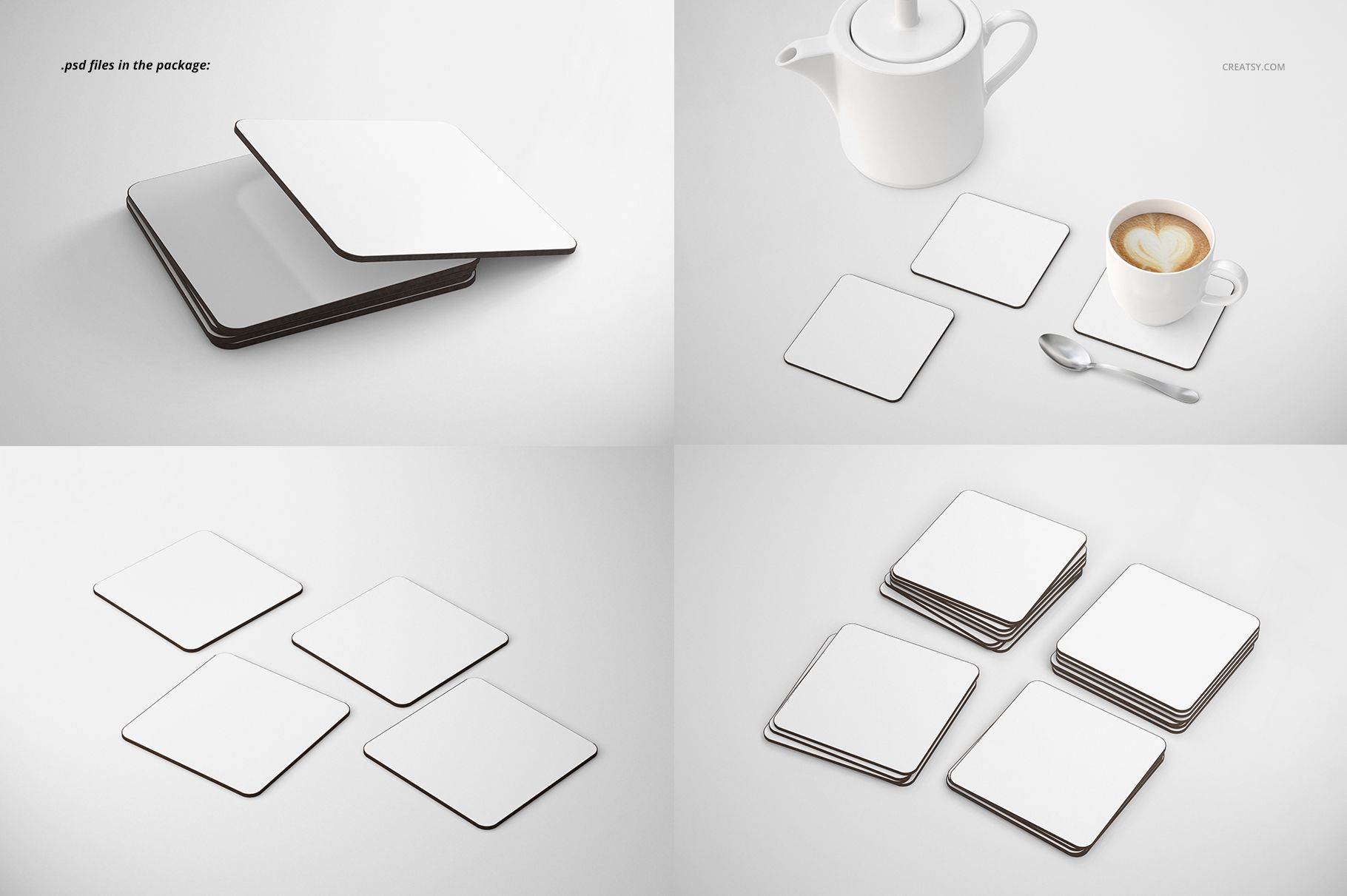 Rectangular PVC coasters with plain white surfaces shown in various arrangements, including stacks and single pieces.