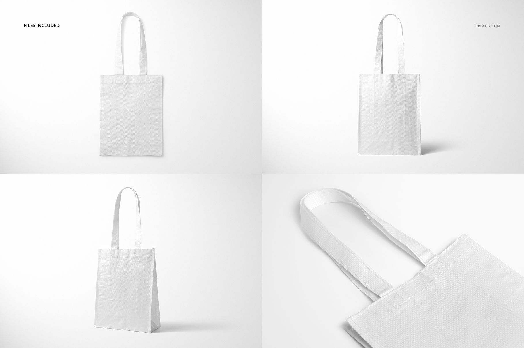 Woven tote bag mockup set featuring a plain white tote bag shown from multiple angles on a light background.