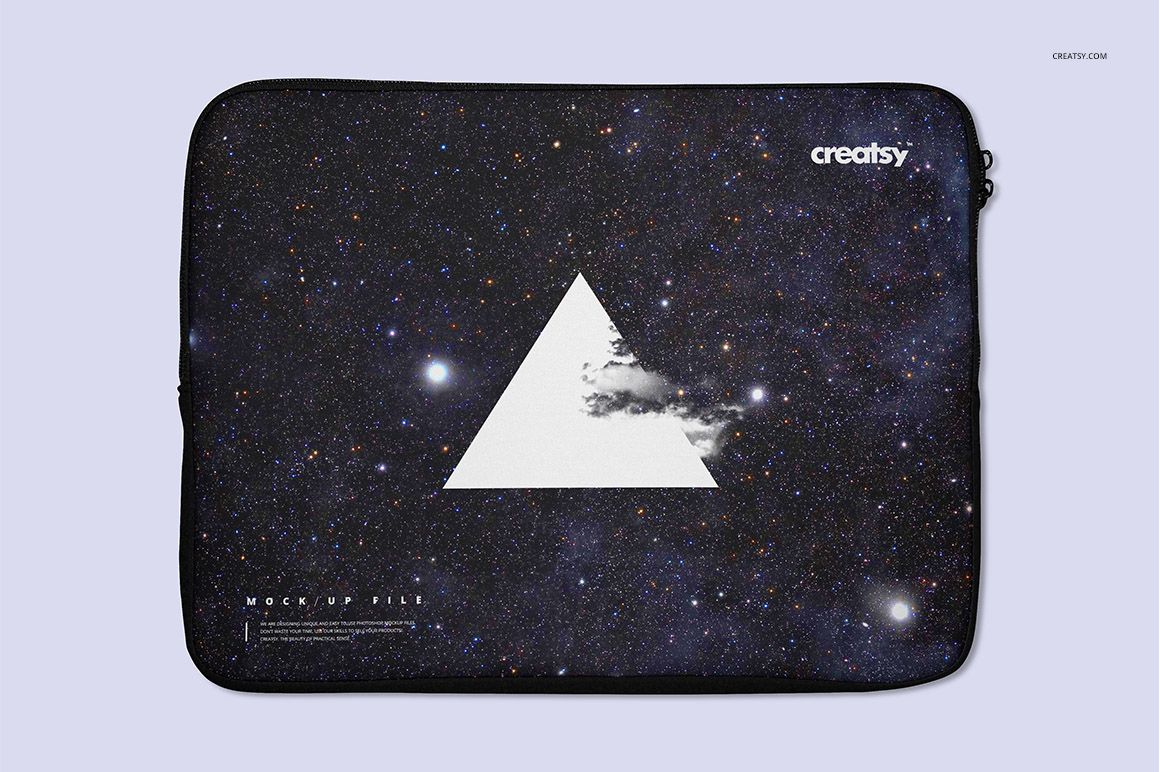 Laptop sleeve mockup with a cosmic space design, white triangle graphic, and subtle cloud accent on a neutral background.