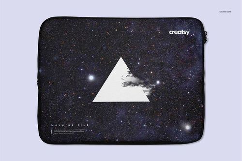 Laptop sleeve mockup with a cosmic space design, white triangle graphic, and subtle cloud accent on a neutral background.