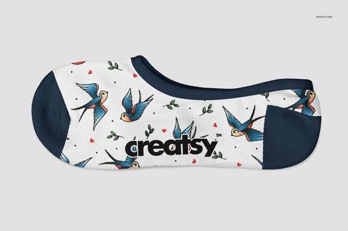 Mockup of a low-cut adult sock with a bird and heart print, navy blue accents, and a white background seen from the side.