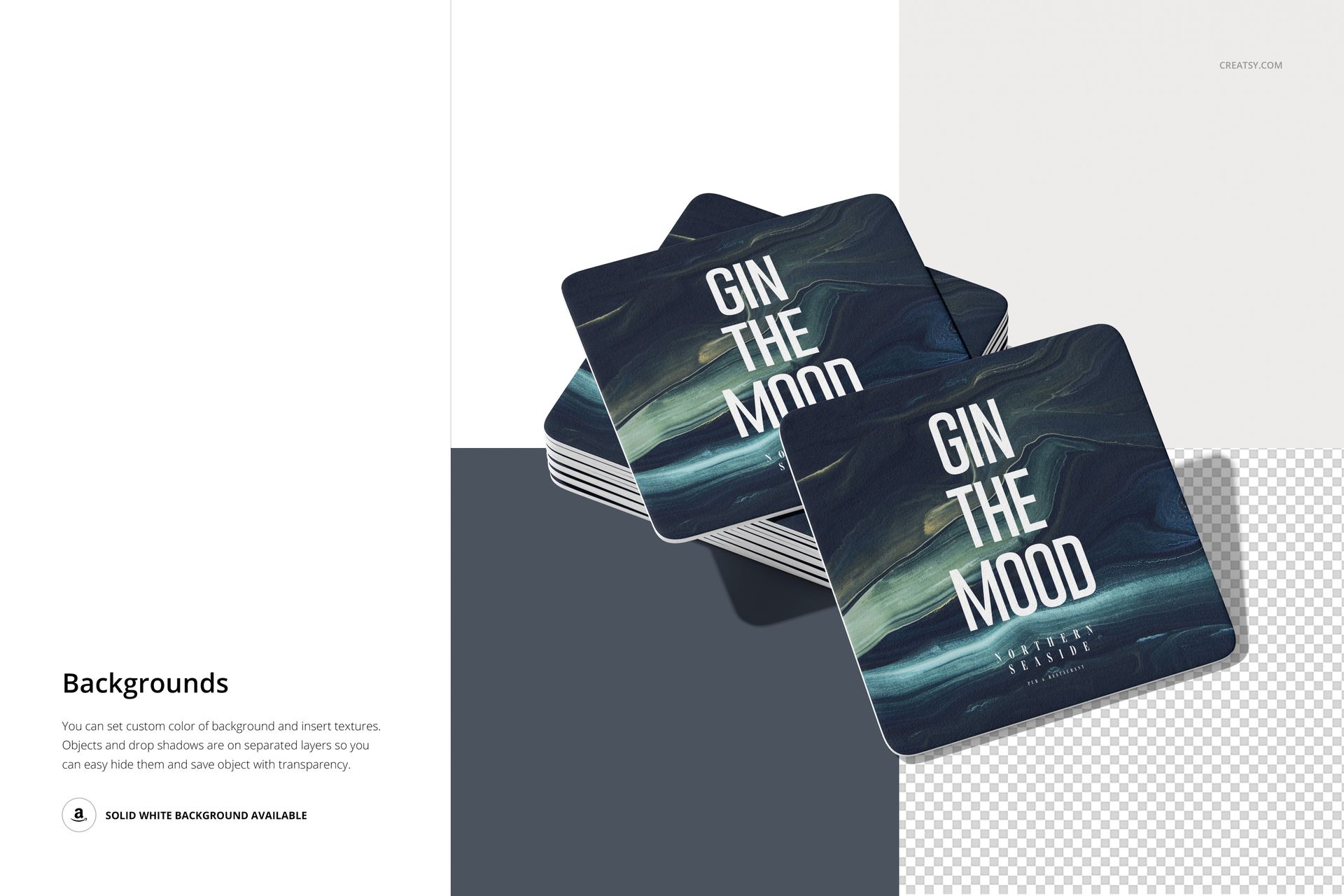 PSD mockup of square coasters with a moody blue-green design and text, arranged in a neat pile from a top perspective.