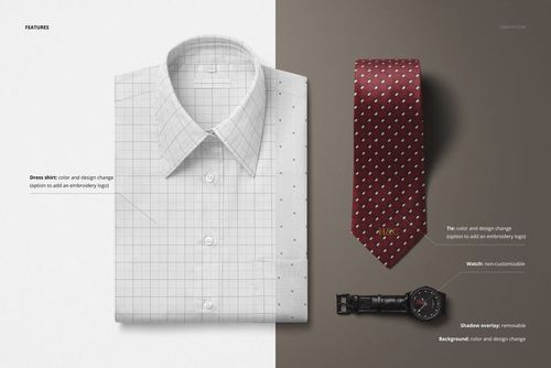Men’s dress shirt with a subtle grid design, paired with a red tie featuring small white motifs and a black watch, shown as a PSD mockup.