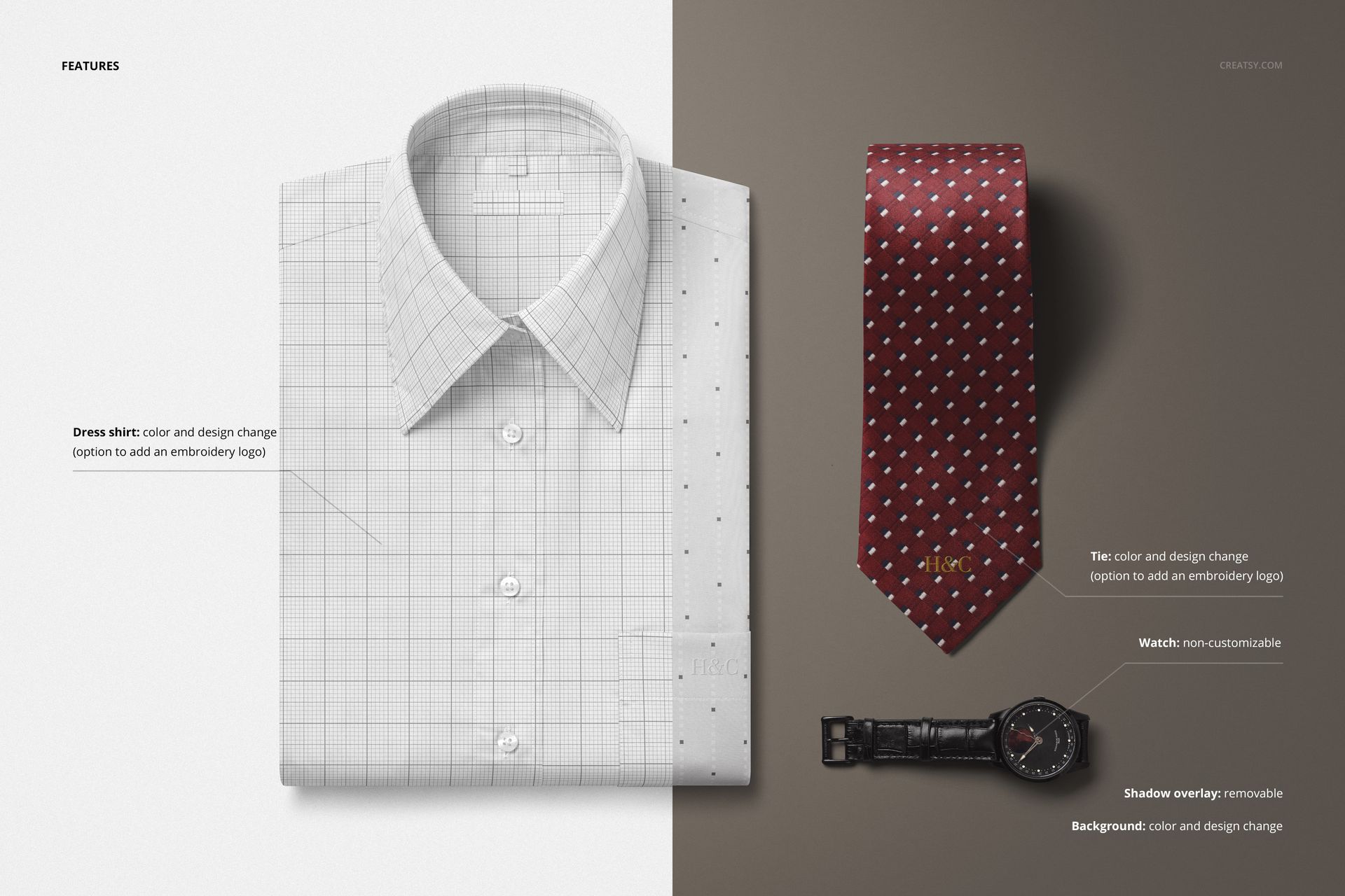 Men’s dress shirt with a subtle grid design, paired with a red tie featuring small white motifs and a black watch, shown as a PSD mockup.