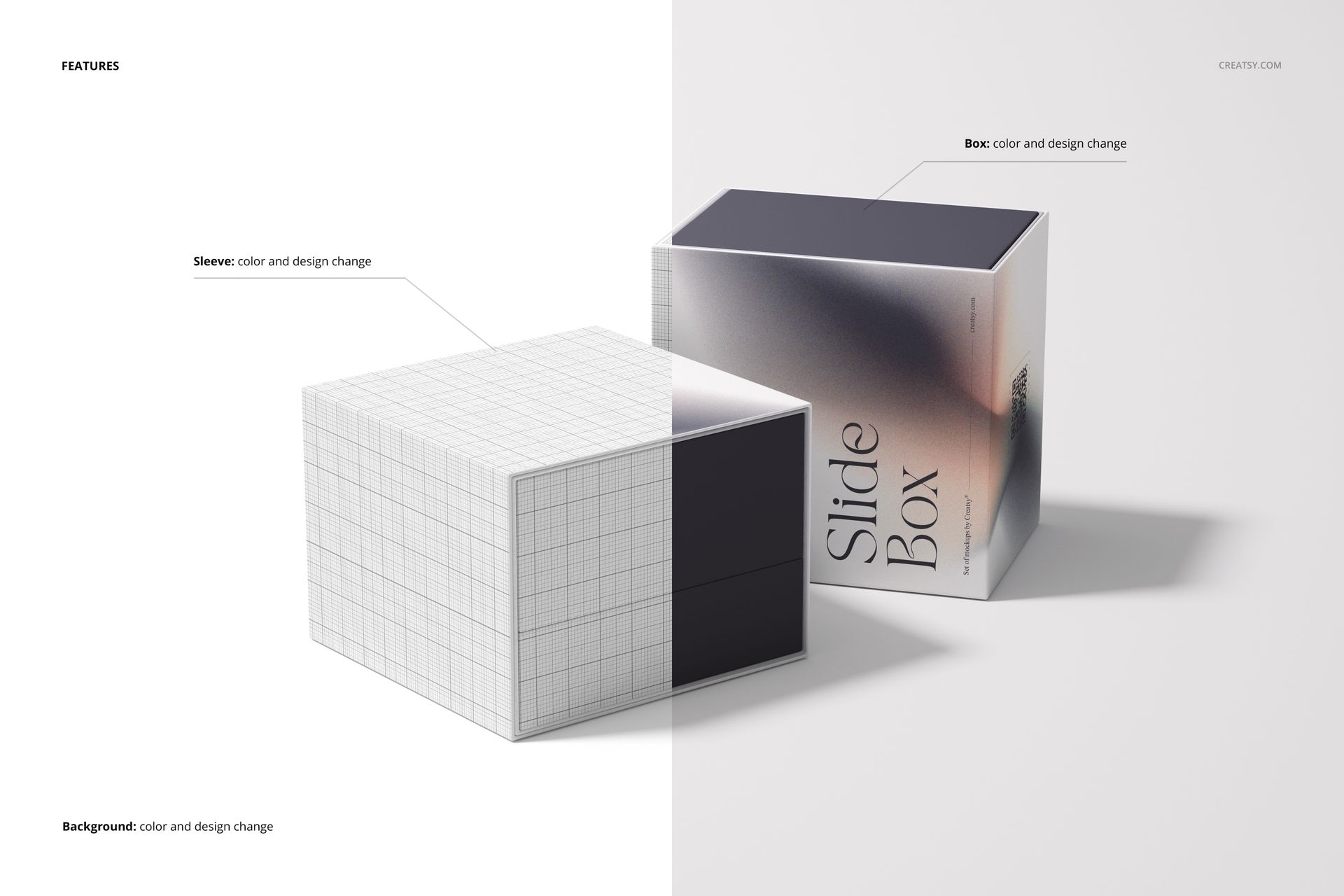 Slide gift box mockup featuring a rectangular box with a sliding sleeve, shown in a split view with editable design areas.