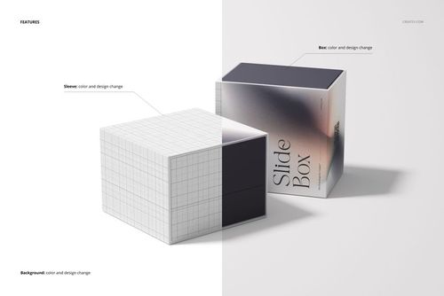 Slide gift box mockup featuring a rectangular box with a sliding sleeve, shown in a split view with editable design areas.