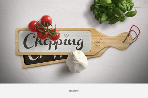 Wooden chopping board mockup with glass insert, displayed from above with tomatoes, garlic bulb, and fresh basil leaves.