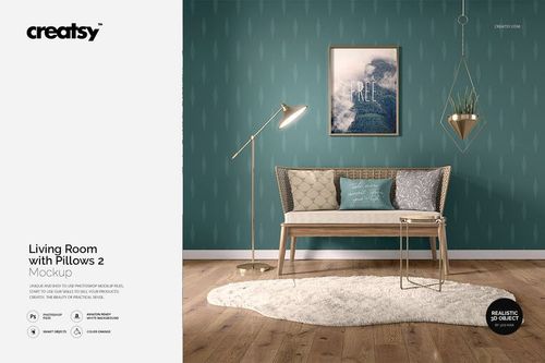 Home interior mockup showing a bench, assorted pillows, textured rug, and teal wallpaper with subtle patterns.