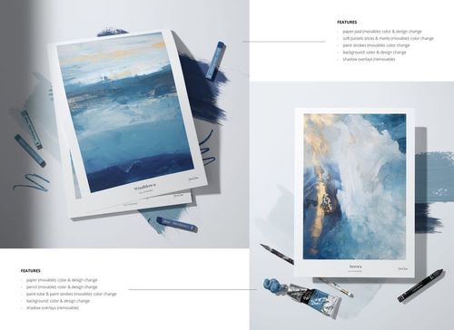 Two art paper mockups featuring painted artwork, with scattered colored pastels, paint tubes, and artistic traces nearby.