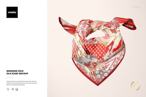 Silk scarf mockup in a bandana fold, displaying a mix of red, white, and beige abstract and floral designs.