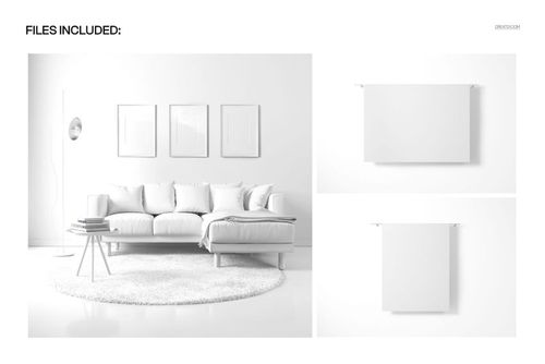 PSD mockup showing a bright interior with a sofa, pillows, blank wall tapestries, and a soft round rug.