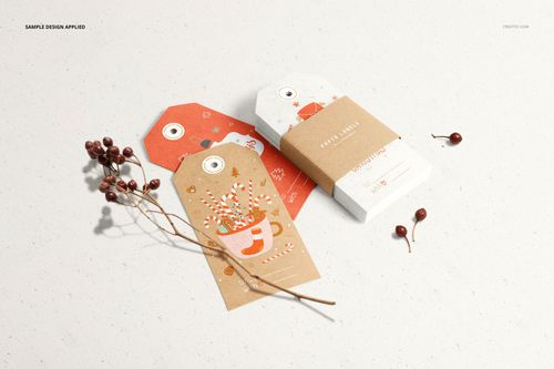 Paper labels mockup with different shapes and prints, shown from a top view with natural props and soft shadows.
