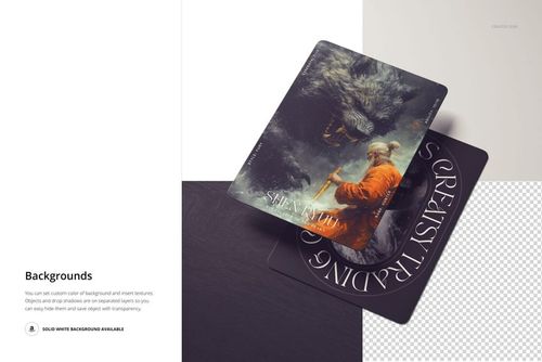Stacked trading cards mockup with one card showing a dramatic artwork and the other card featuring graphic typography.