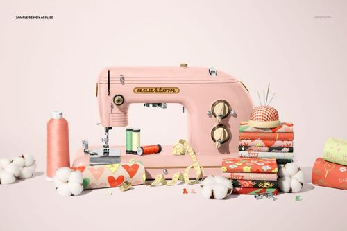 Cotton fabric mockup scene with a vintage pink sewing machine, patterned textiles, and sewing props on a pale background.