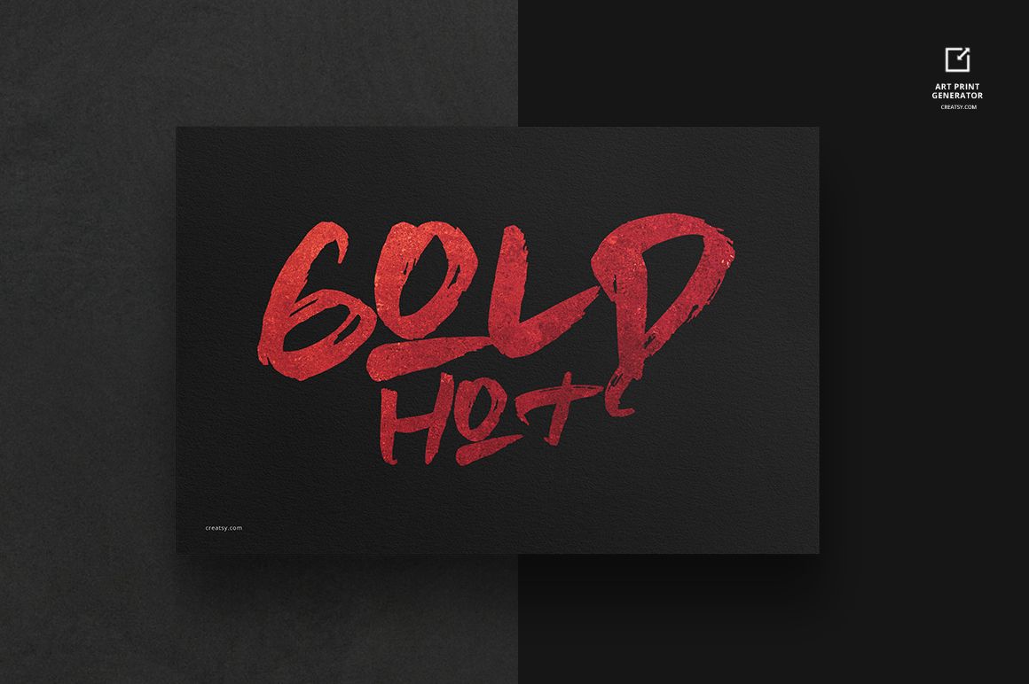 PSD mockup of a horizontal art print with vivid red lettering on black paper, displayed against a divided dark backdrop.