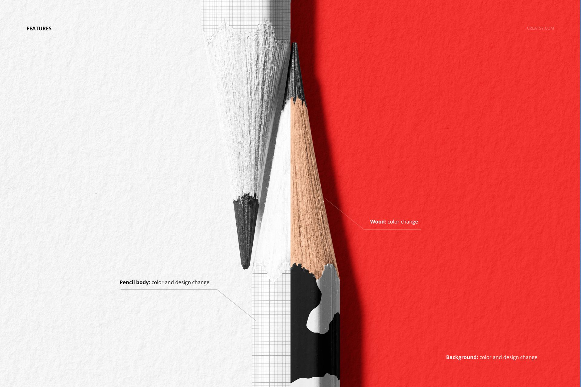 Stationery PSD mockup featuring two pencils in a vertical arrangement, highlighting customizable body and wood areas.