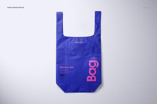 Blue ripstop reusable bag mockup shown flat from above, featuring bold pink lettering and a simple backdrop.