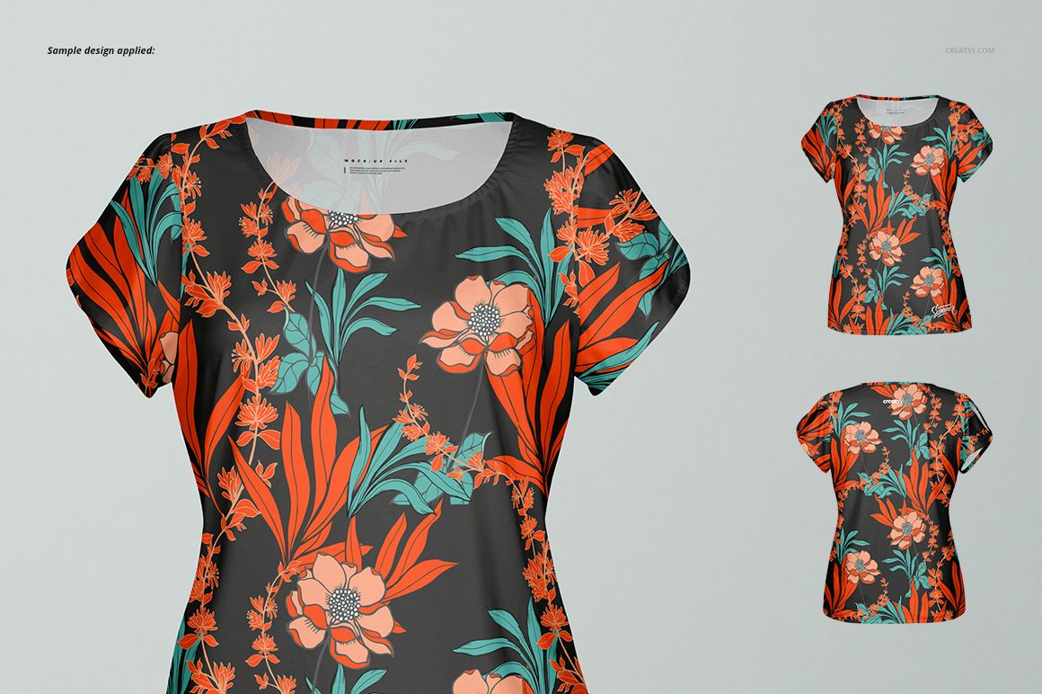 Front view of a women's blouse mockup featuring split sleeves and a vibrant floral pattern in orange and teal on dark fabric.