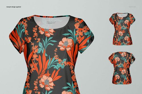Front view of a women's blouse mockup featuring split sleeves and a vibrant floral pattern in orange and teal on dark fabric.