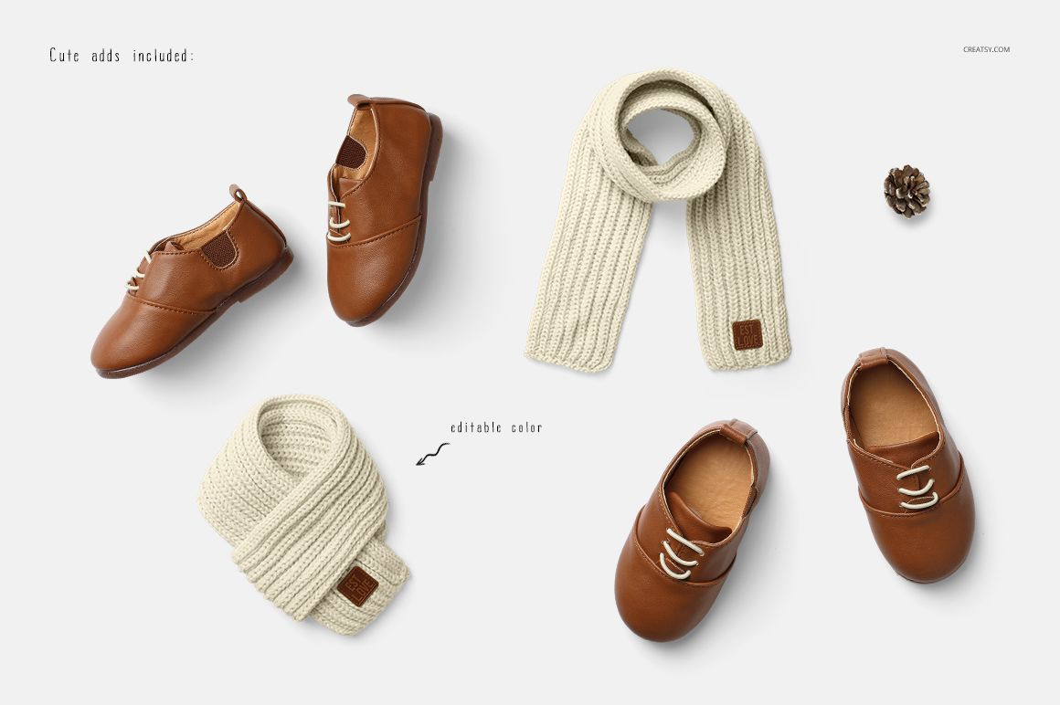 Kids winter set mockup featuring brown leather shoes and cream knitted scarves arranged on a white background.