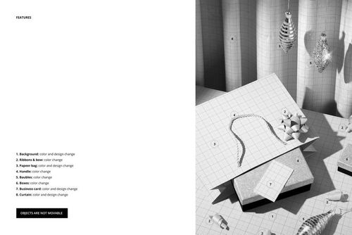 Mockup featuring a gift bag with rope handles, glitter gift box, and business card displayed on a geometric background.