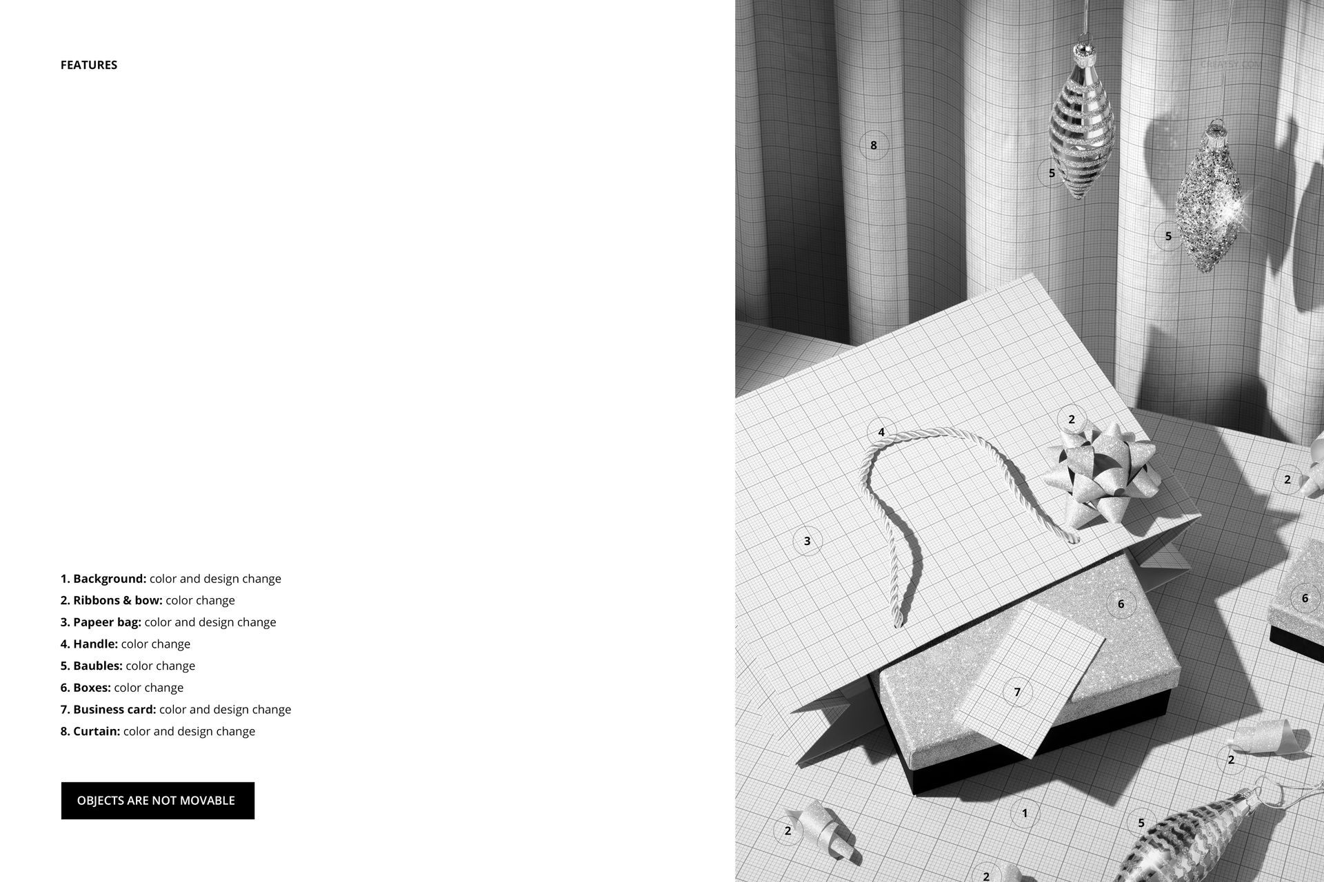 Mockup featuring a gift bag with rope handles, glitter gift box, and business card displayed on a geometric background.