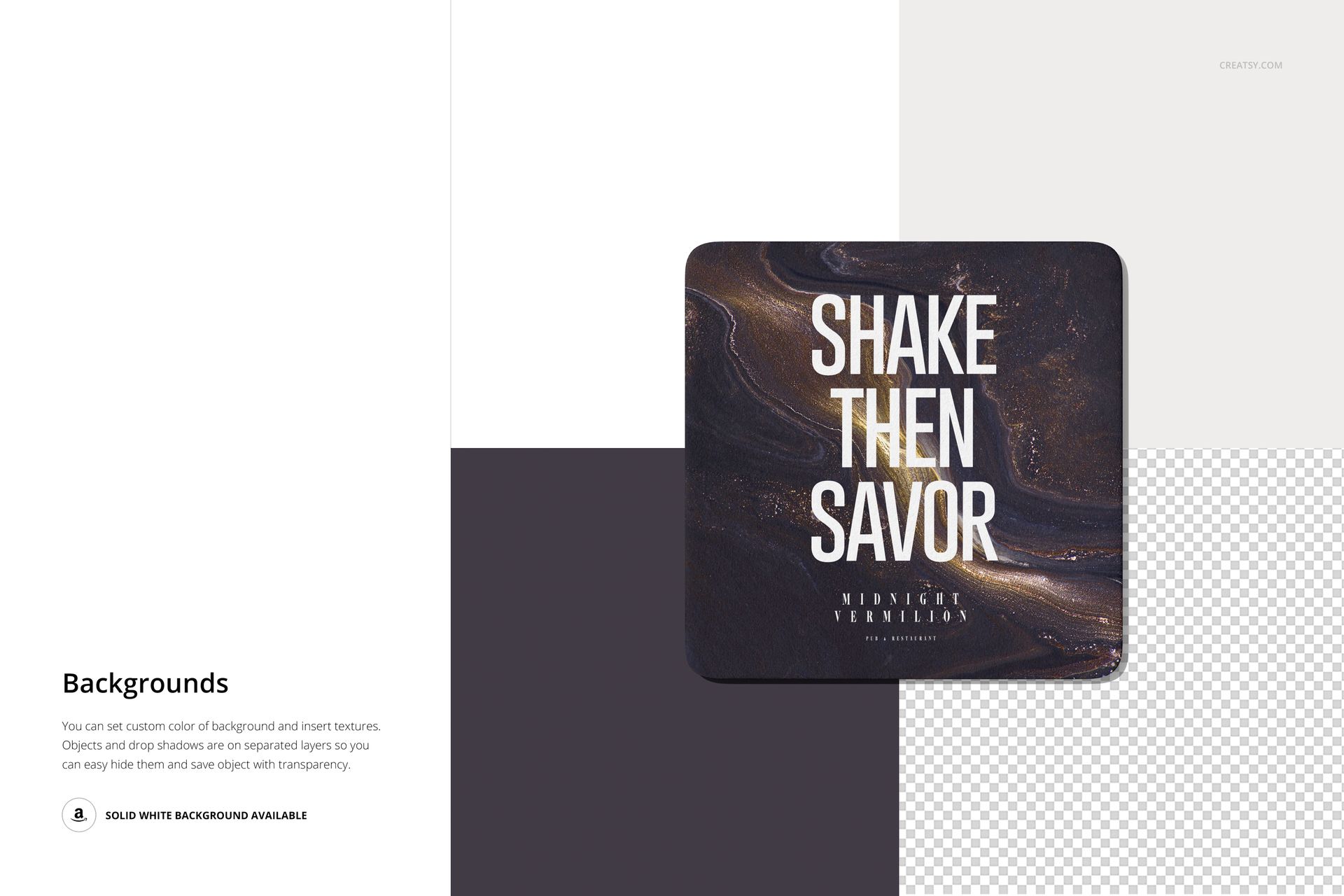 Square coaster mockup featuring a dark marbled design with white text, shown from a top view on a multi-color background.