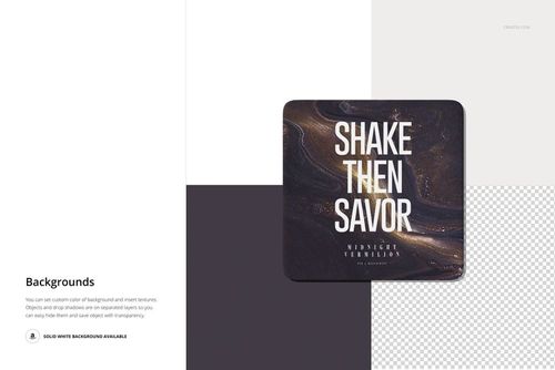 Square coaster mockup featuring a dark marbled design with white text, shown from a top view on a multi-color background.