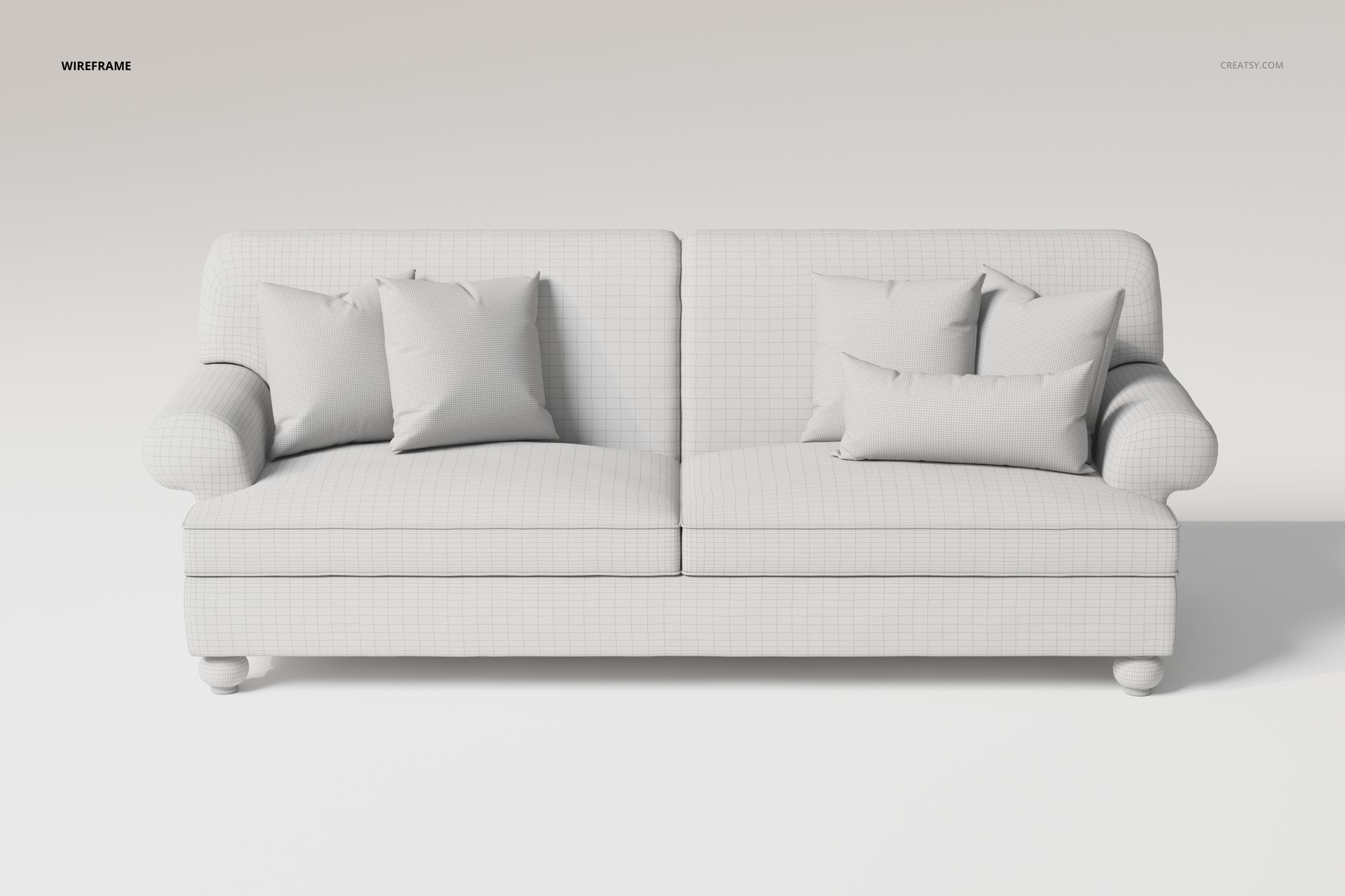 Front view of a retro style 2 seater sofa 3D model in white, featuring rounded arms and several matching pillows.