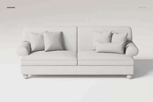Front view of a retro style 2 seater sofa 3D model in white, featuring rounded arms and several matching pillows.