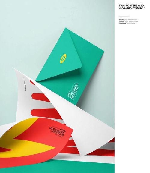 Two posters with abstract red and yellow patterns and a teal envelope arranged on a pale blue surface, stationery mockup.