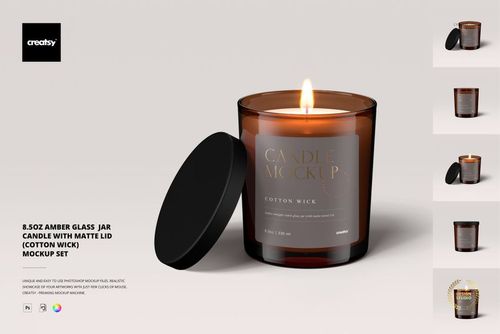8.5oz Amber Glass Jar Candle With Matte Lid (cotton wick) Mockup Set - mockup preview 1