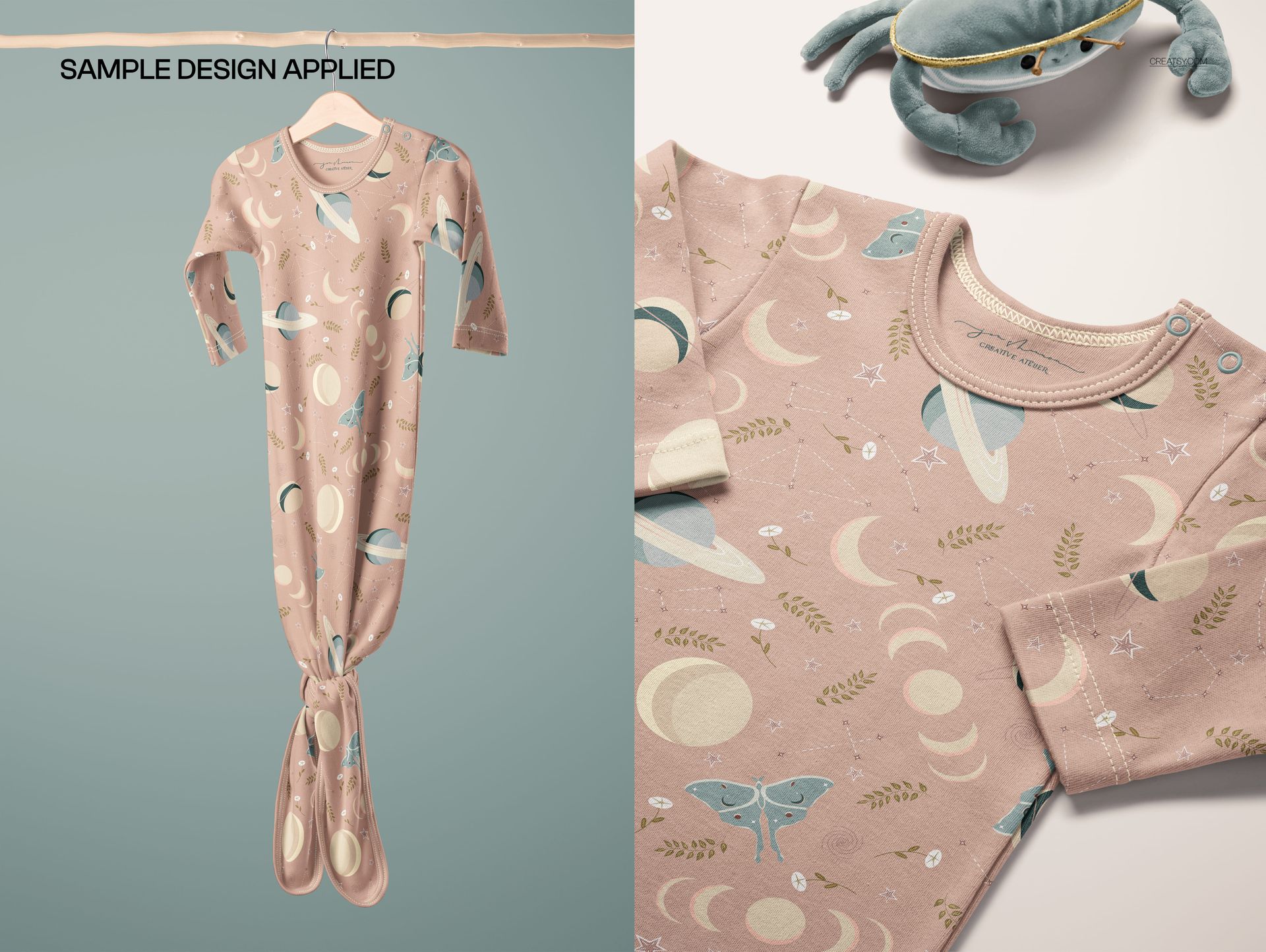 PSD mockup of a baby knotted gown featuring pastel planets, moons, and butterflies, displayed on a neutral background.