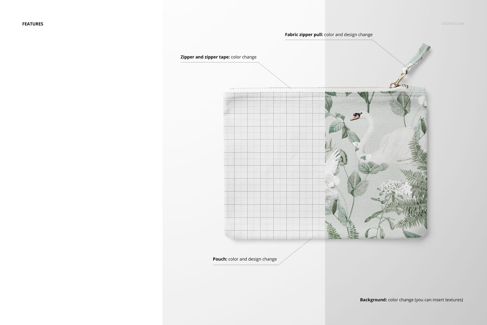 Flat canvas pouch with fabric zipper pull shown in a front view, featuring a botanical pattern and grid overlay.