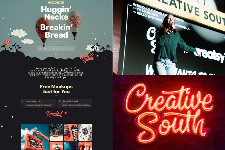 Creative South free mockups page, a speaker on stage and a Creative South neon sign