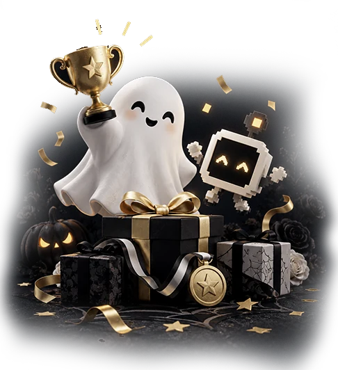 A cheerful ghost with a trophy and a stack of prizes.