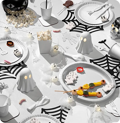 Blank Halloween table setting, ready for your artwork.